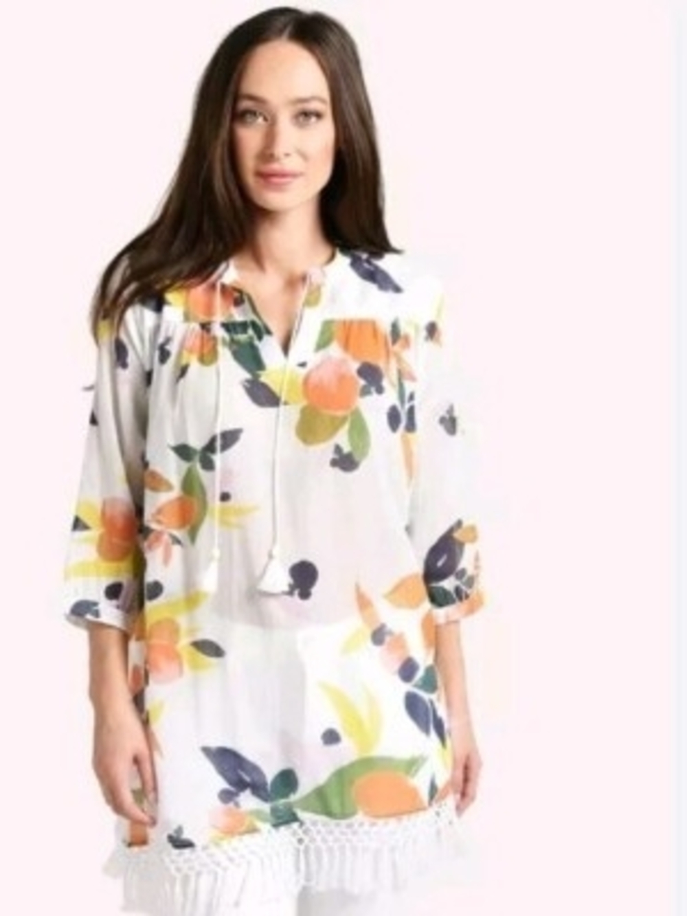 Roller Rabbit Tunic Top Serafina Fruit Print Cotton Gauze Fringe Sz Small
